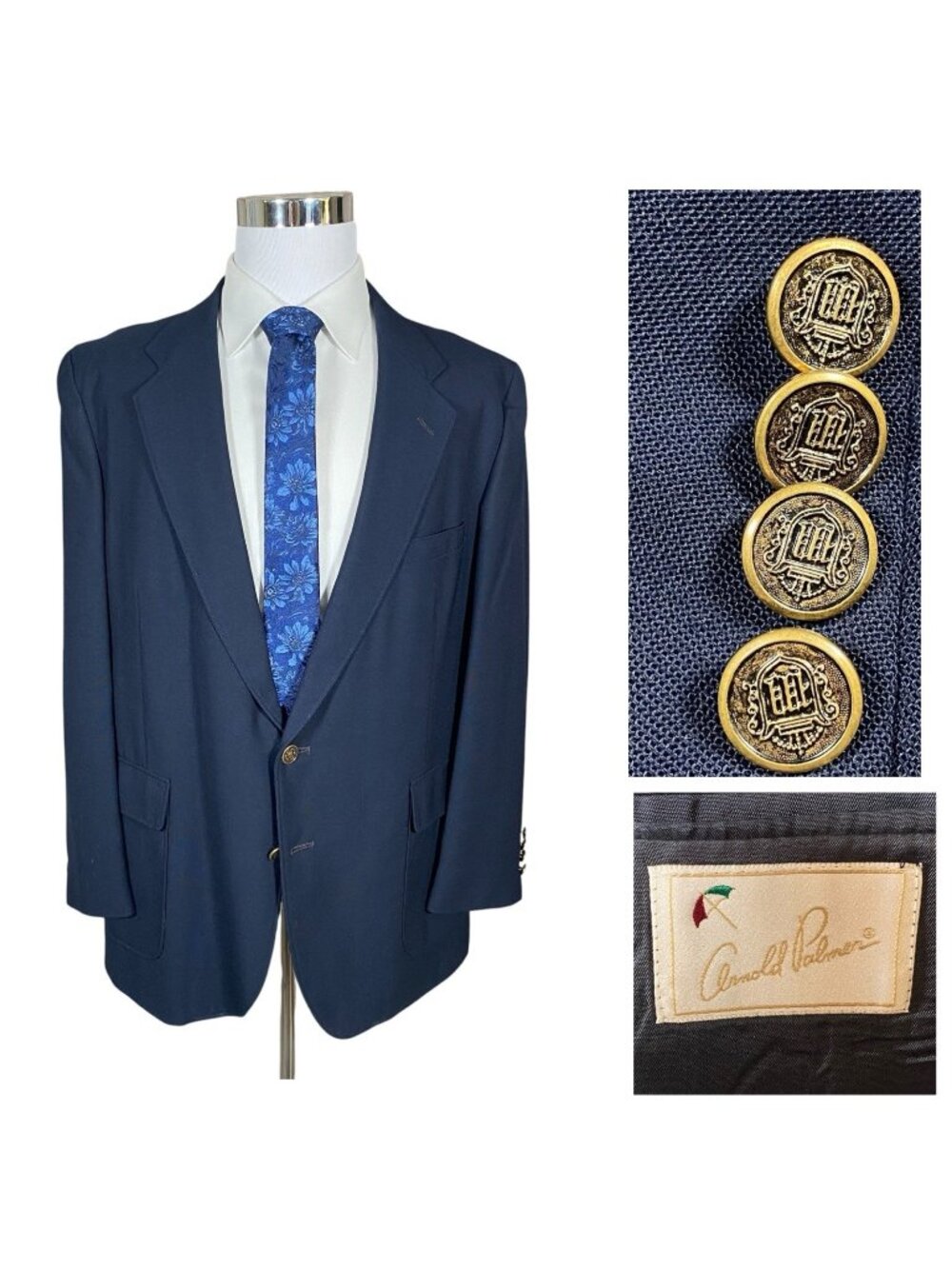 Vintage Arnold Palmer Hopsack Blazer 46R 44R Navy Blue Bronze Gold Crest Buttons